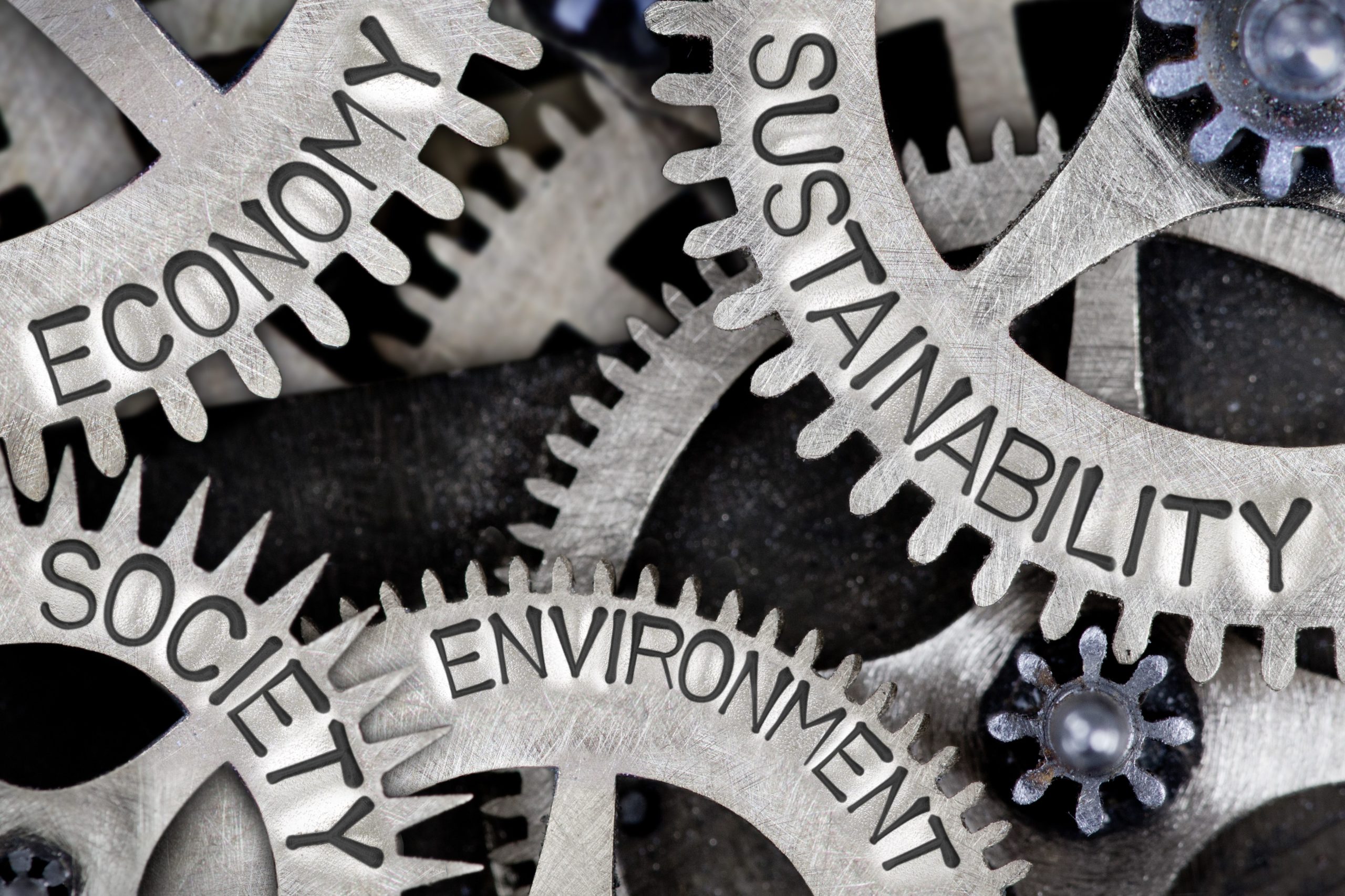 Series of interlinked cogs showing the words Economy, Sustainability, Society and Environment