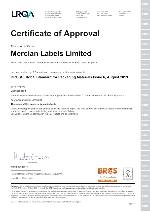 00027631 BRCGS Certificate of Approval for Mercian Labels Ltd Issued 29 08 20231